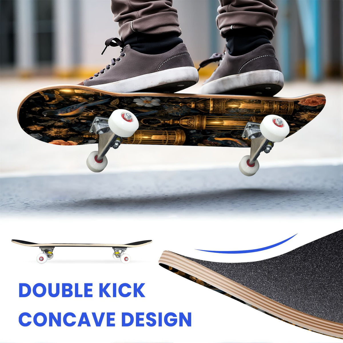 31"x8" Complete Skateboards for Beginners, Romantic Skeletons Blooming Roses Dark Academia Double Kick 7 Ply Canadian Maple Deck Skateboard with Wheels, Gifts for Kids Teens