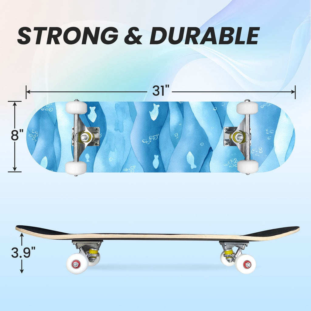 31"x8" Complete Skateboards for Beginners, Abstract Wavy Purple Beige Zebra Design Double Kick 7 Ply Canadian Maple Deck Skateboard with Wheels, Gifts for Kids Teens