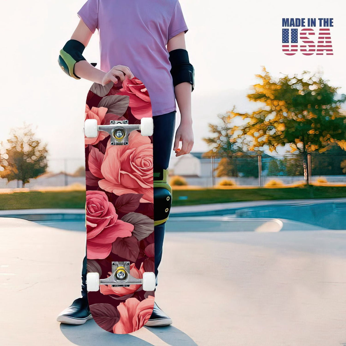 31"x8" Complete Skateboards for Beginners, Elegant Pink Red Roses Green Leaves Dark Double Kick 7 Ply Canadian Maple Deck Skateboard with Wheels, Gifts for Kids Teens