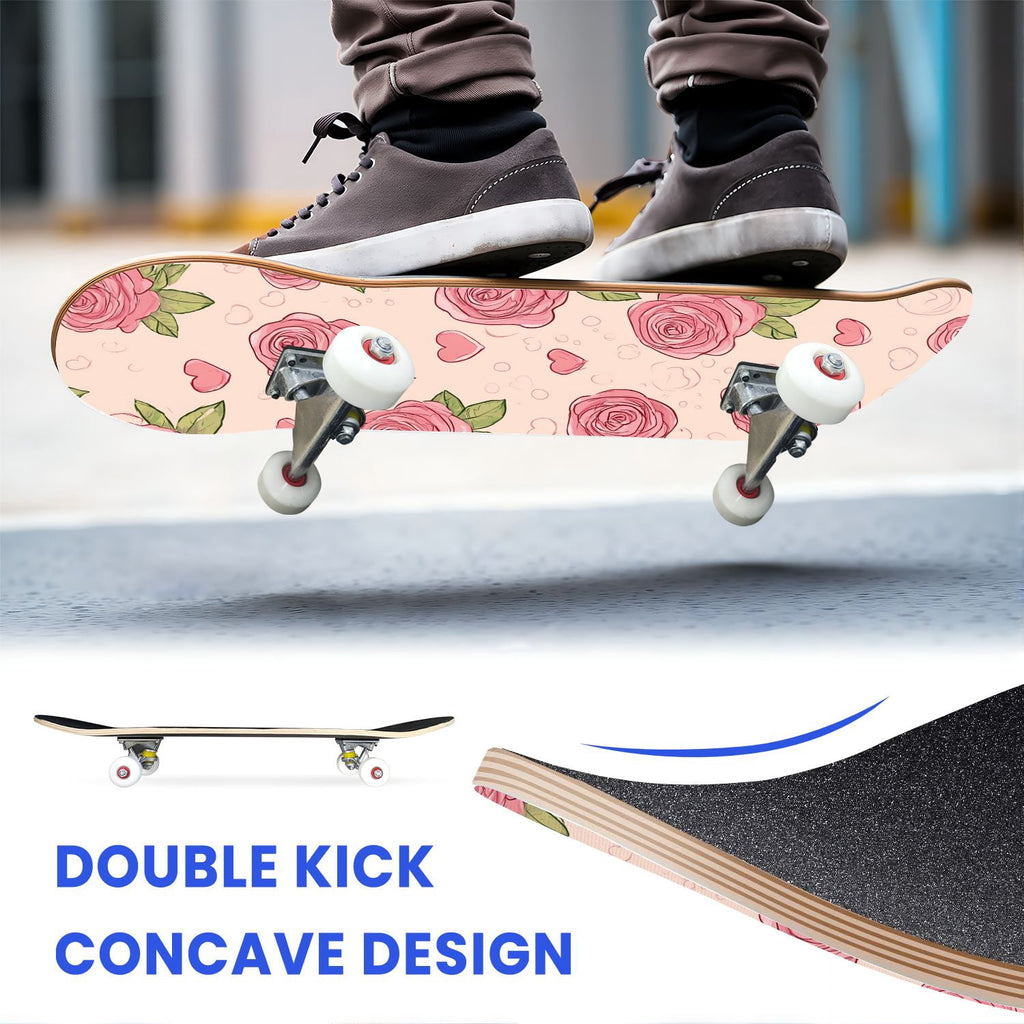 31"x8" Complete Skateboards for Beginners, Elegant Floral Pink Roses Blue Butterflies Double Kick 7 Ply Canadian Maple Deck Skateboard with Wheels, Gifts for Kids Teens