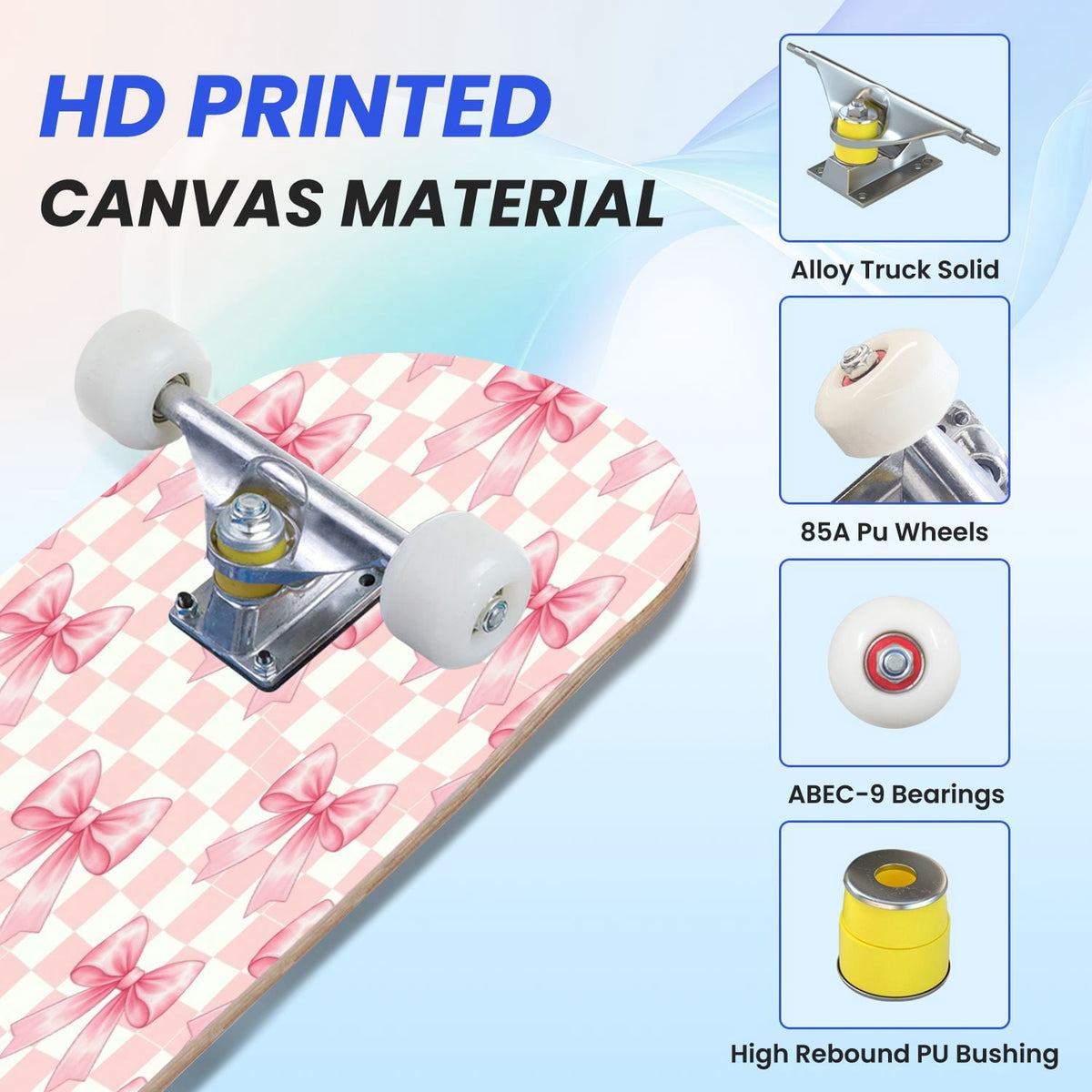 31"x8" Complete Skateboards for Beginners, Pink Bow Heart Vertical Stripes Romantic Double Kick 7 Ply Canadian Maple Deck Skateboard with Wheels, Gifts for Kids Teens