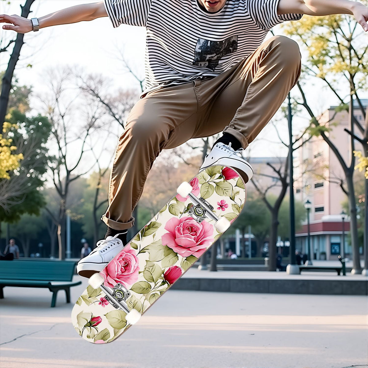 31"x8" Complete Skateboards for Beginners, Elegant Pink Red Roses Green Leaves Dark Double Kick 7 Ply Canadian Maple Deck Skateboard with Wheels, Gifts for Kids Teens