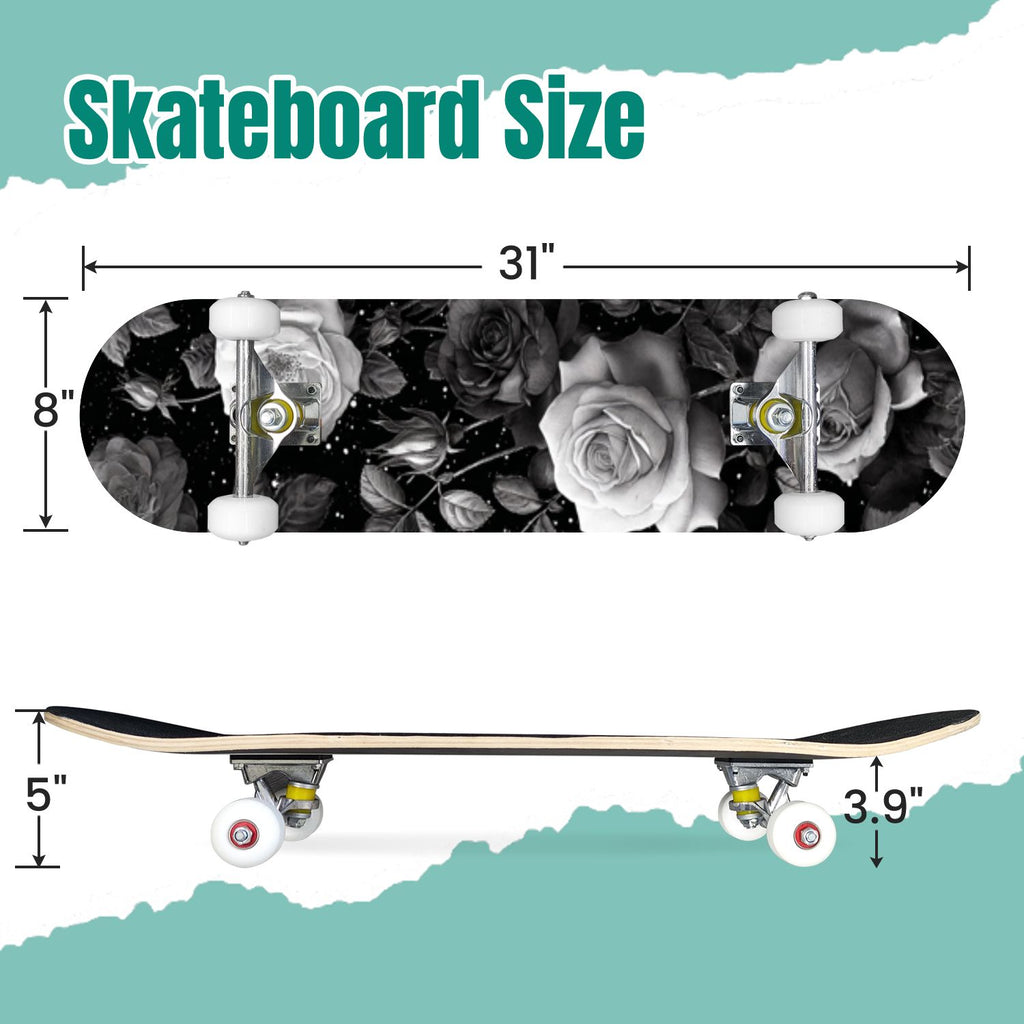 Gothic Purple Blue Floral Dark 31" x 8" Complete Skateboard, 7-Ply Canadian Maple Double Kick Trick Board for Kids and Beginners Adult Gifts
