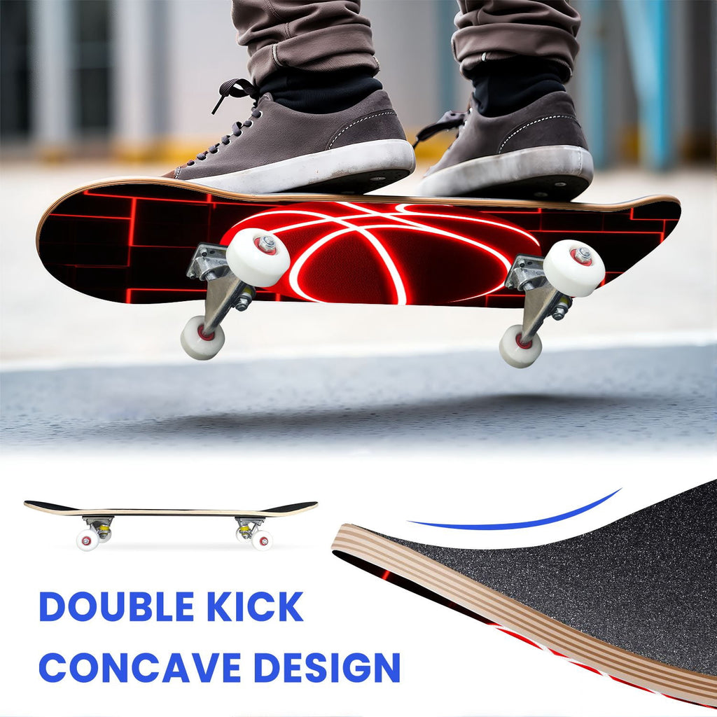 31"x8" Complete Skateboards for Beginners, Honeycomb Futuristic Hexagonal Neon Glowing Orange Light Double Kick 7 Ply Canadian Maple Deck Skateboard with Wheels, Gifts for Kids Teens