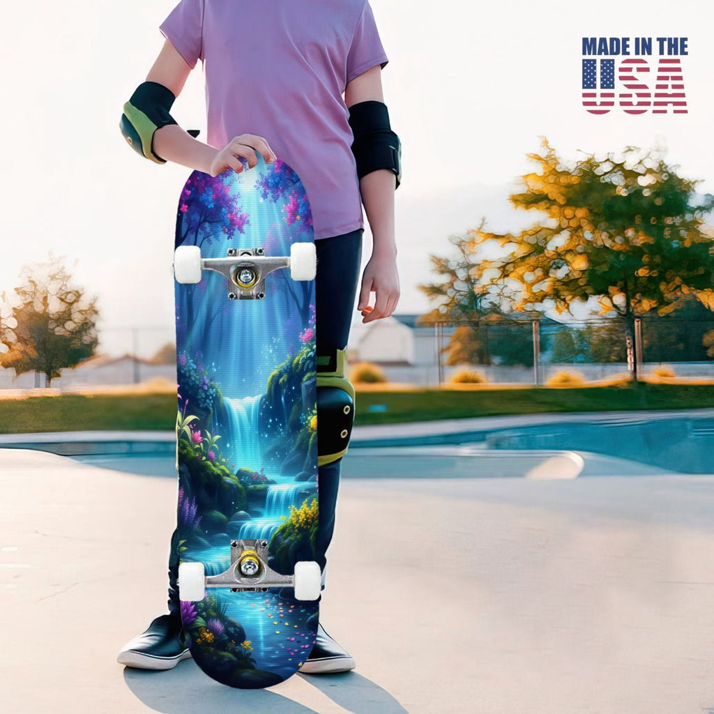 31"x8" Complete Skateboards for Beginners, Magical Forest Glowing Mushrooms Twinkling Fantasy Double Kick 7 Ply Canadian Maple Deck Skateboard with Wheels, Gifts for Kids Teens