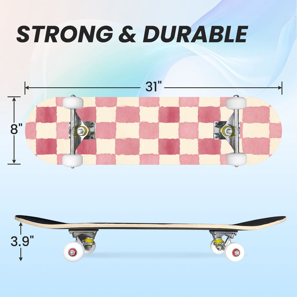 31"x8" Complete Skateboards for Beginners,Mint Green White Plaid Tartan Subtle Double Kick 7 Ply Canadian Maple Deck Skateboard with Wheels, Gifts for Kids Teens