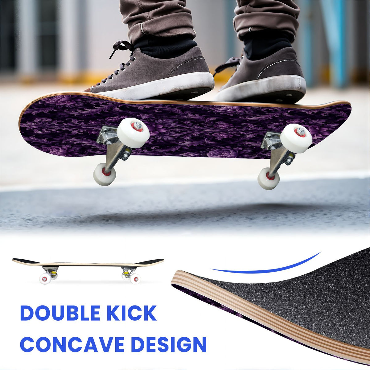 31"x8" Complete Skateboards for Beginners, Purple White Cosmos Flowers Butterflies Watercolor Double Kick 7 Ply Canadian Maple Deck Skateboard with Wheels, Gifts for Kids Teens