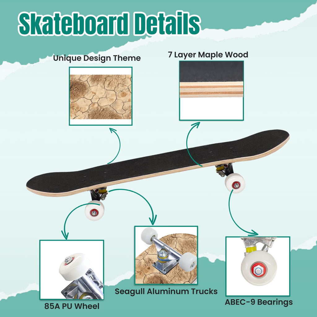Vintage Movie Theater Classic Cinema 31" x 8" Complete Skateboard, 7-Ply Canadian Maple Double Kick Trick Board for Kids and Beginners Adult Gifts