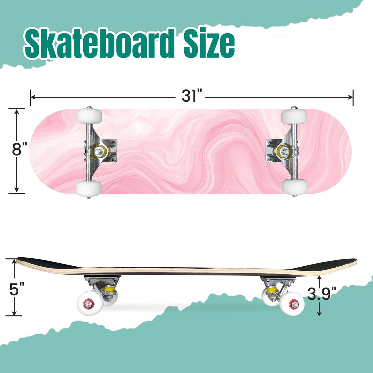 Pink Marble Fluid Abstract Design 31" x 8" Complete Skateboard, 7-Ply Canadian Maple Double Kick Trick Board for Kids and Beginners Adult Gifts