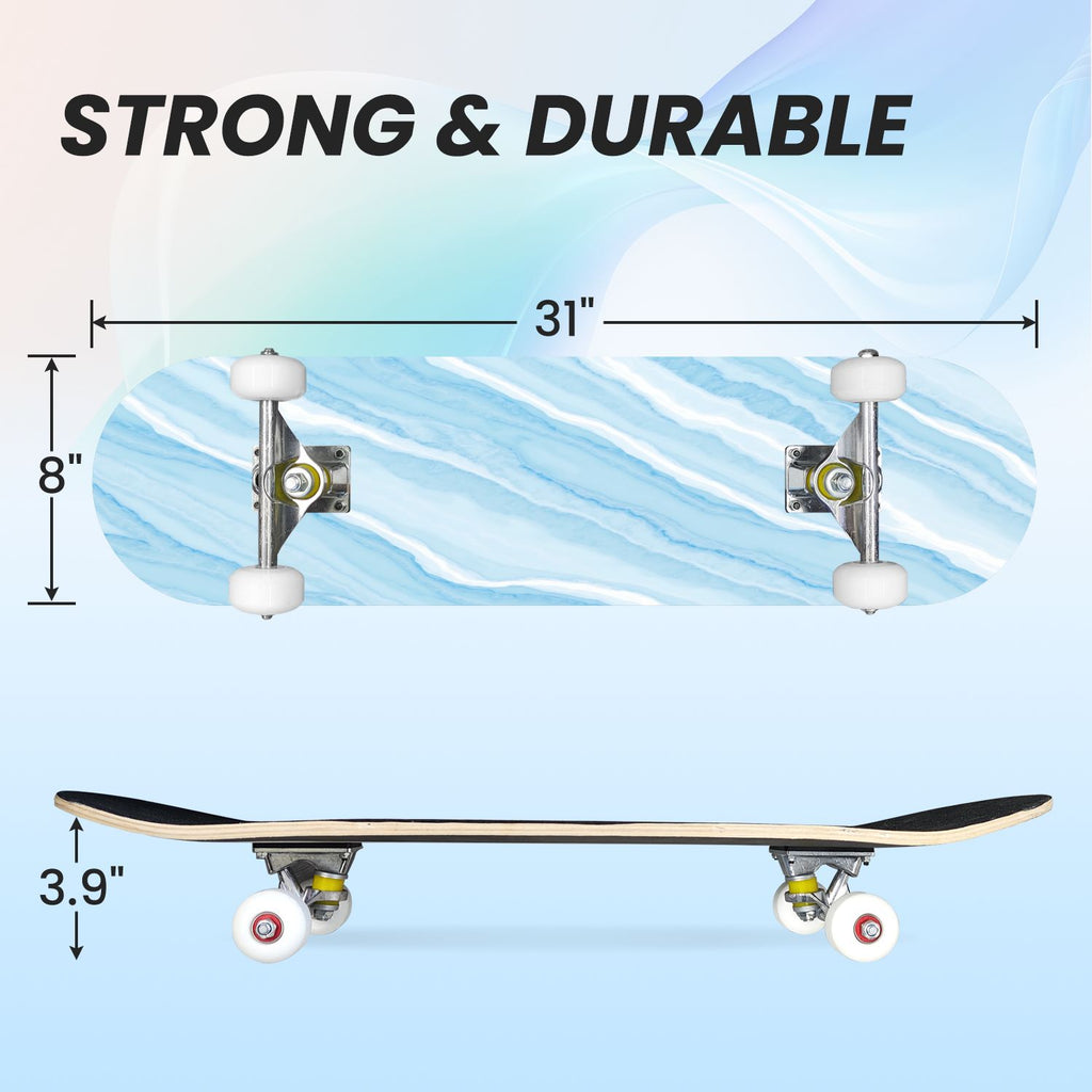 31"x8" Complete Skateboards for Beginners, Abstract Black Hexagon Honeycomb Glowing Blue Neon Geometric Double Kick 7 Ply Canadian Maple Deck Skateboard with Wheels, Gifts for Kids Teens