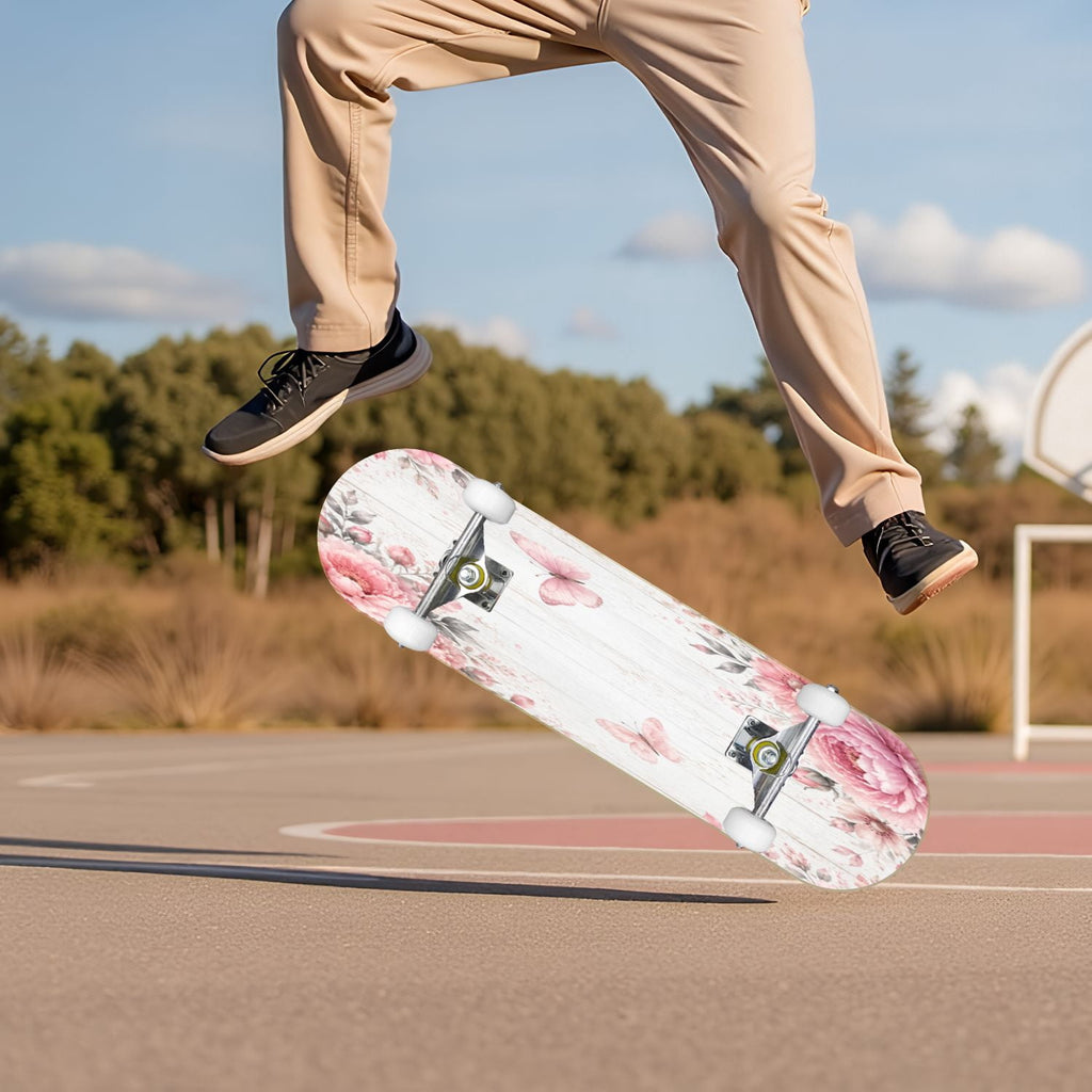 Rose Teal Rose Painting Turquoise Blue Flower Kitchen Decor 31" x 8" Complete Skateboard, 7-Ply Canadian Maple Double Kick Trick Board for Kids and Beginners Adult Gifts