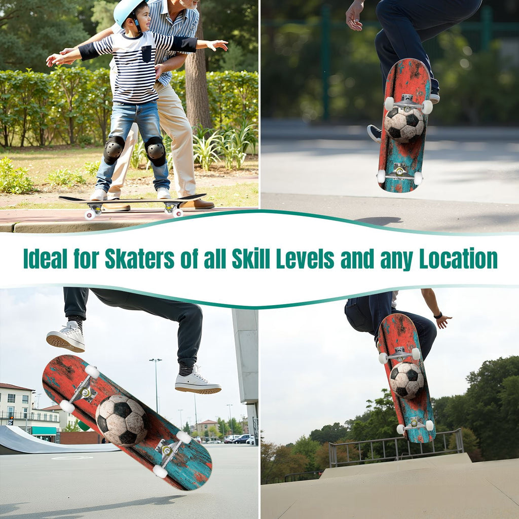 Dynamic Soccer Ball Explosion Energy Effects Stadium 31" x 8" Complete Skateboard, 7-Ply Canadian Maple Double Kick Trick Board for Kids and Beginners Adult Gifts