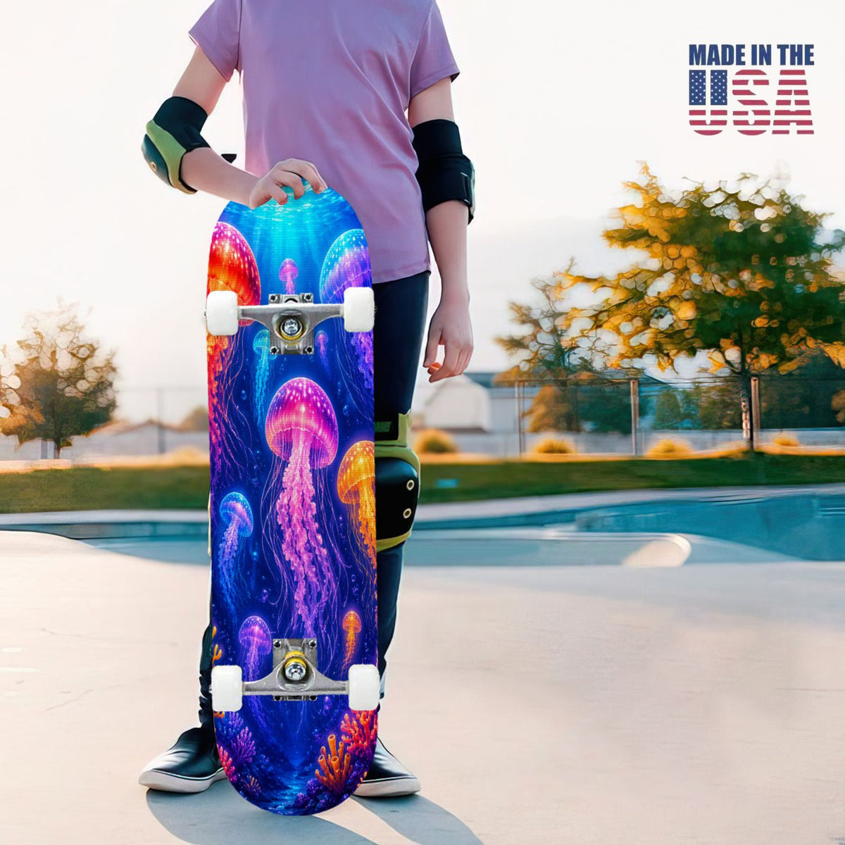 31"x8" Complete Skateboards for Beginners, Colorful Cosmic Octopus Tentacles Starry Marine Life Double Kick 7 Ply Canadian Maple Deck Skateboard with Wheels, Gifts for Kids Teens