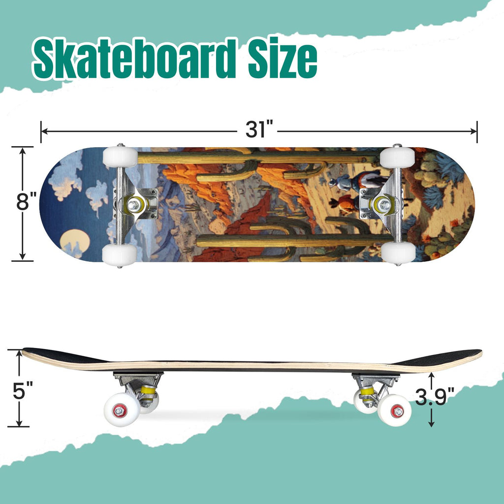 Western Cowboy Horses Desert Landscape 31" x 8" Complete Skateboard, 7-Ply Canadian Maple Double Kick Trick Board for Kids and Beginners Adult Gifts