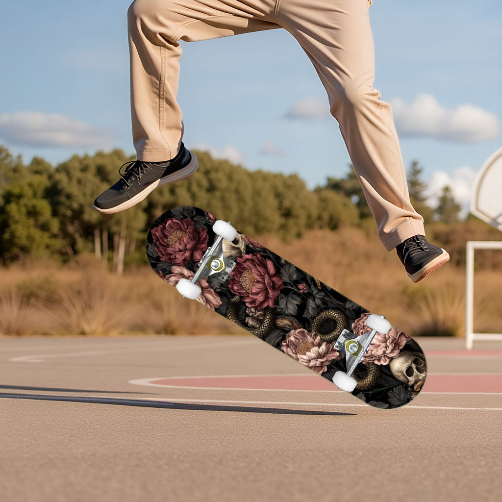 Botanical Floral Peonies Hummingbirds 31" x 8" Complete Skateboard, 7-Ply Canadian Maple Double Kick Trick Board for Kids and Beginners Adult Gifts