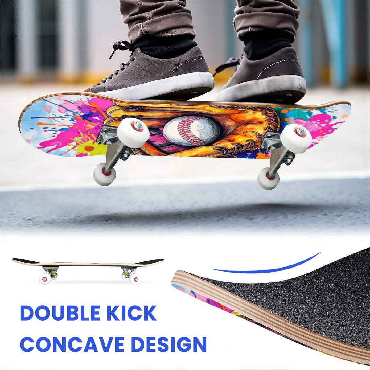 31"x8" Complete Skateboards for Beginners,Vintage Baseball Worn Red Stitches Rustic Double Kick 7 Ply Canadian Maple Deck Skateboard with Wheels, Sports Gifts for Kids Teens