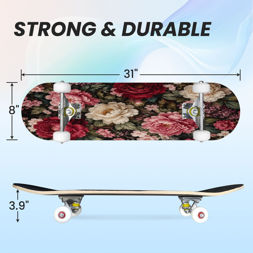 31"x8" Complete Skateboards for Beginners, Vibrant Purple Teal Floral Artwork Golden Accents Vintage Double Kick 7 Ply Canadian Maple Deck Skateboard with Wheels, Gifts for Kids Teens