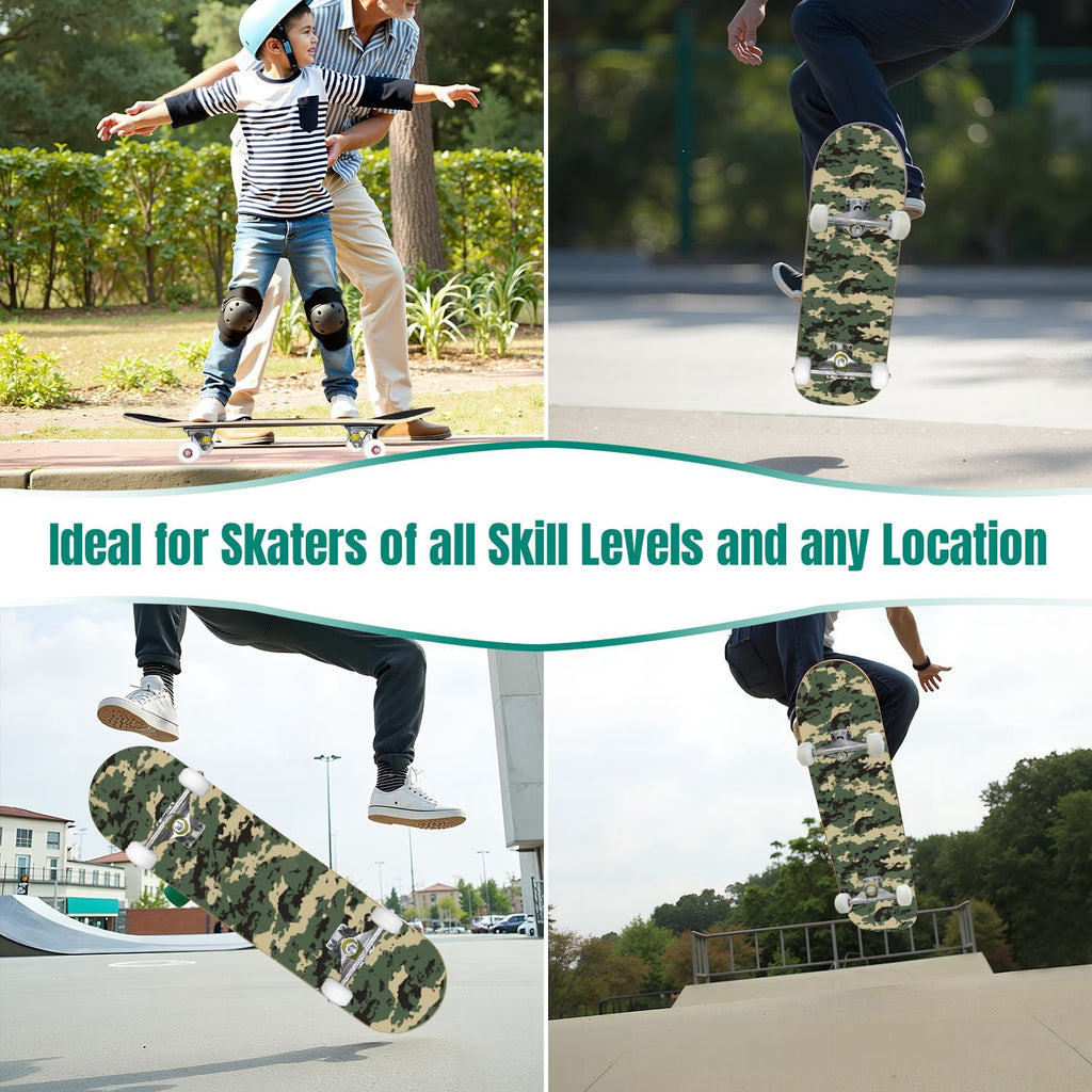 31"x8" Complete Skateboards for Beginners,Desert Camouflage Beige Tan Cream Organic Abstract Shapes Double Kick 7 Ply Canadian Maple Deck Skateboard with Wheels, Gifts for Kids Teens