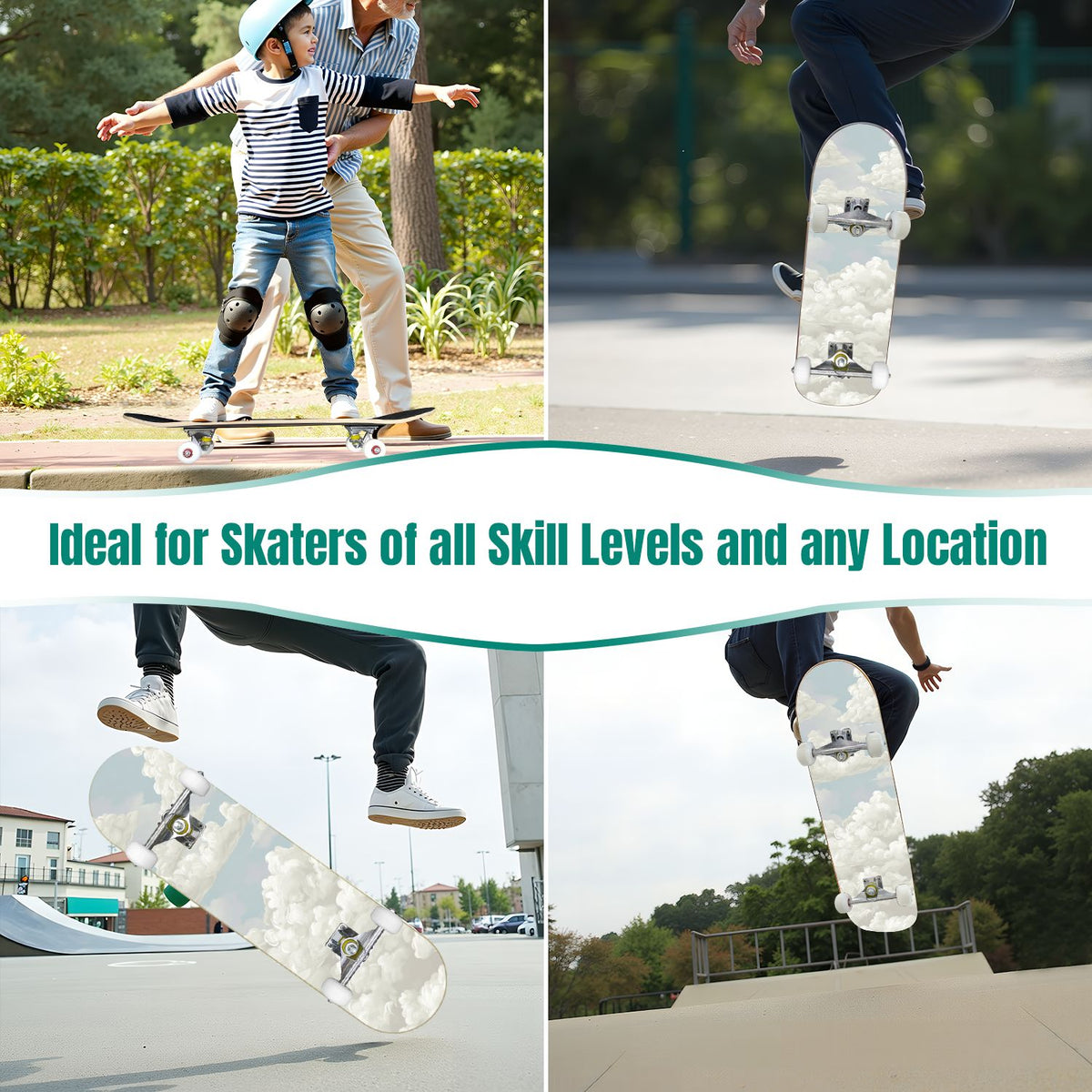 31"x8" Complete Skateboards for Beginners, Cute Light Blue Sky Cartoon Summer Decor Double Kick 7 Ply Canadian Maple Deck Skateboard with Wheels, Gifts for Kids Teens