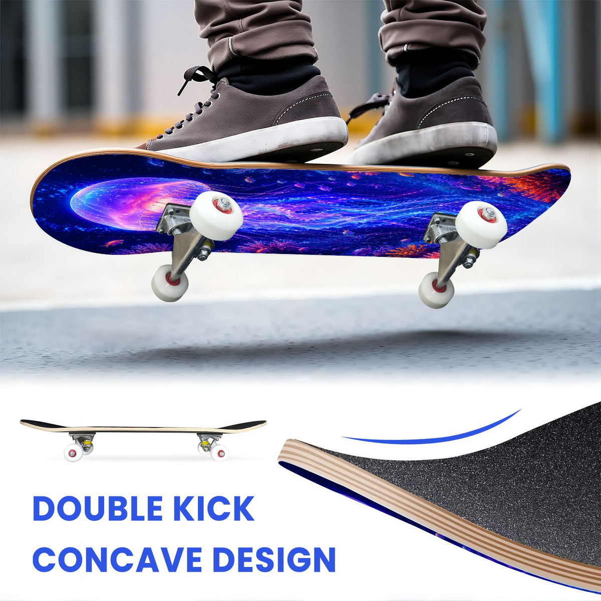 31"x8" Complete Skateboards for Beginners, Underwater Sharks Glowing Purple Jellyfish Marine Life Double Kick 7 Ply Canadian Maple Deck Skateboard with Wheels, Gifts for Kids Teens