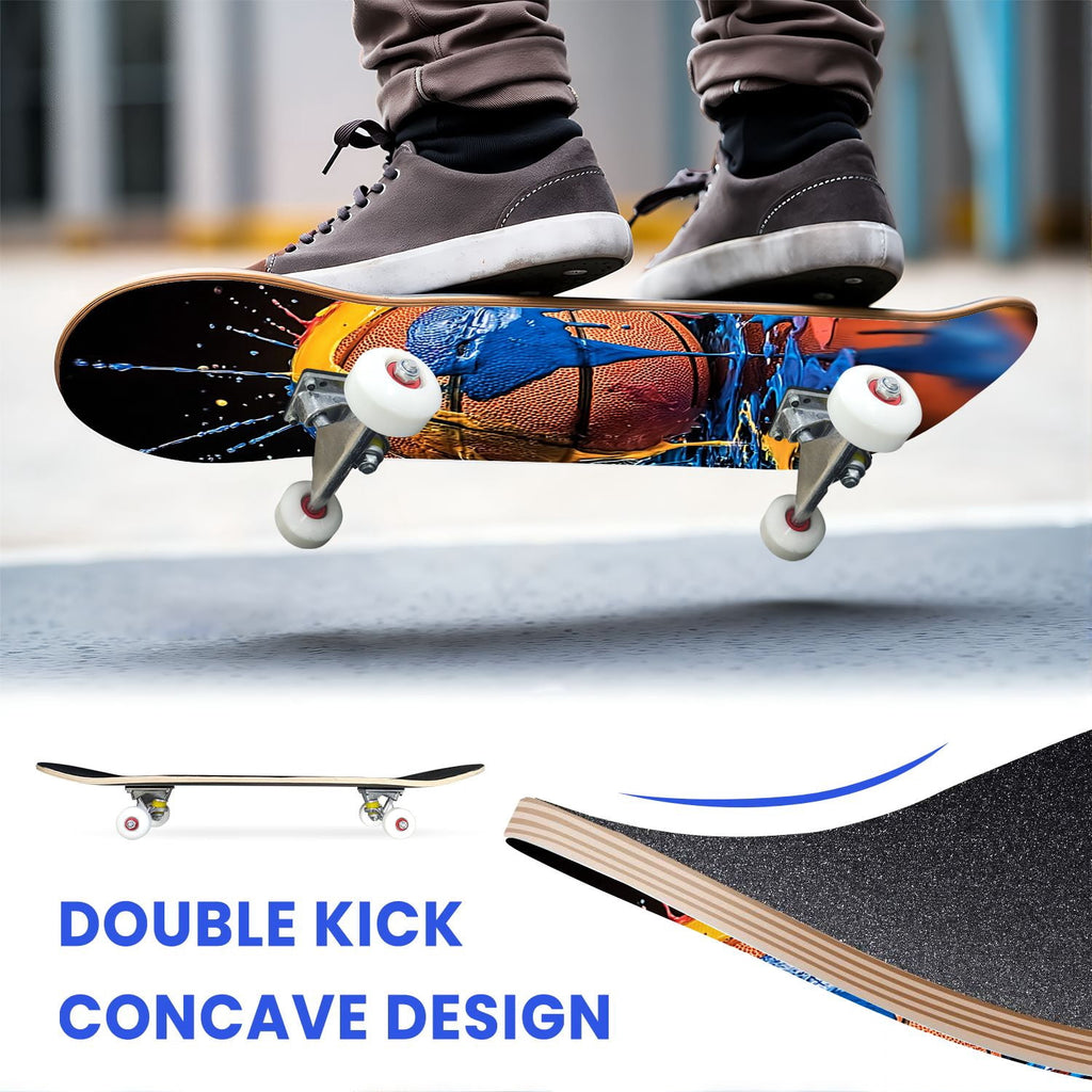 31"x8" Complete Skateboards for Beginners,Abstract Soccer Ball Vibrant Paint Splashes Drips Double Kick 7 Ply Canadian Maple Deck Skateboard with Wheels, Sports Gifts for Kids Teens