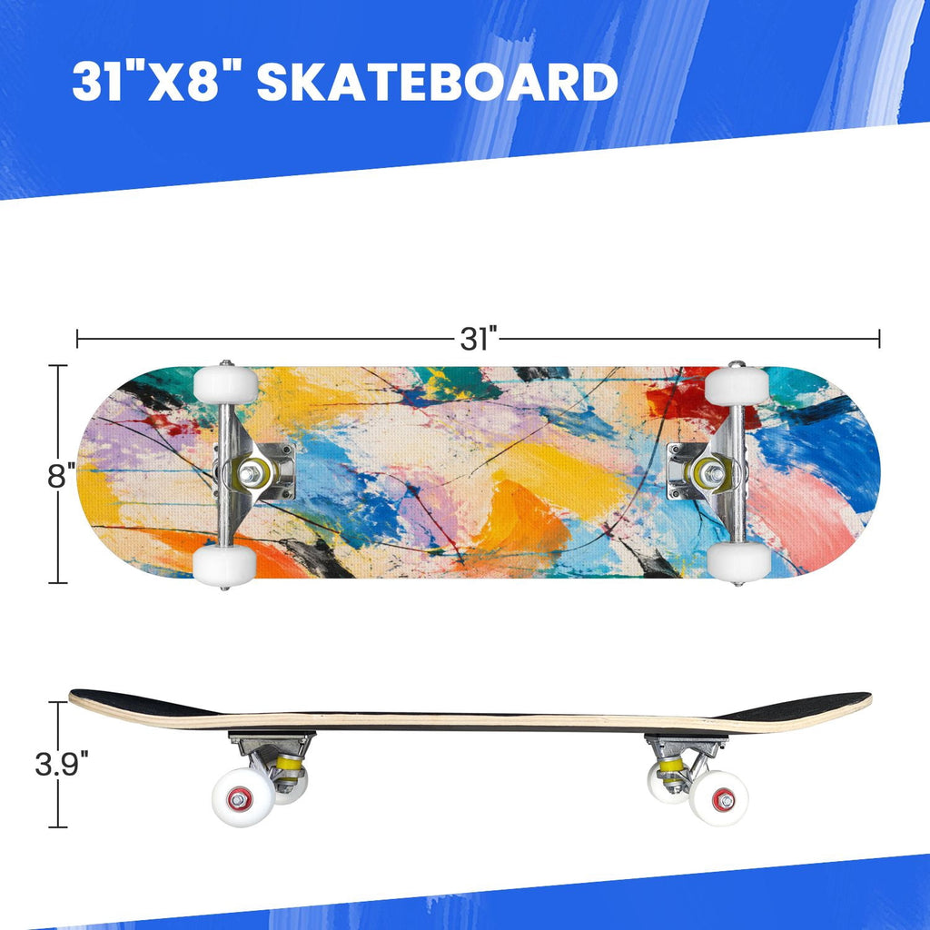 Complete Skateboard Colorful Splash Art Headphones 31 Inch 7-Ply Maple Skateboard with PU Wheels and Aluminum Trucks, Ready-to-Ride Skateboard for Beginners, Teens and Adults