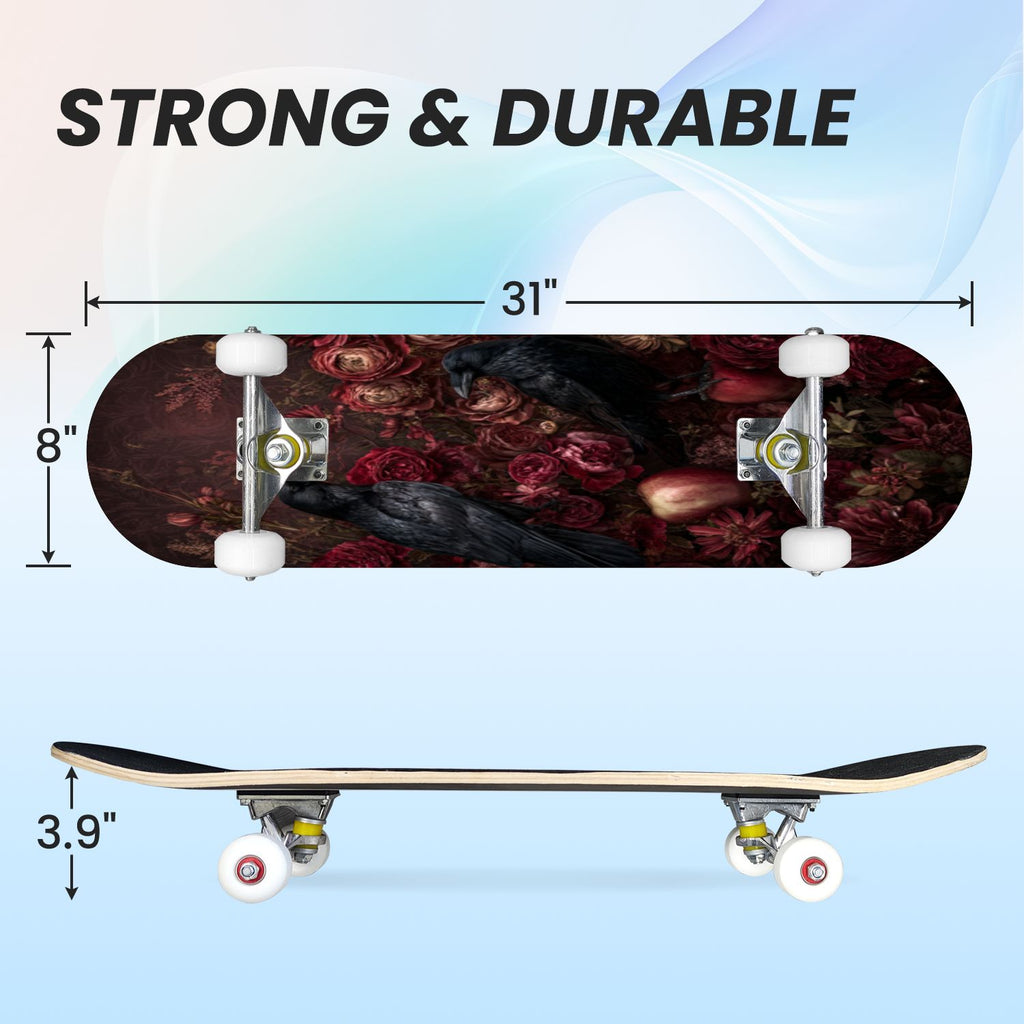 31"x8" Complete Skateboards for Beginners, Romantic Skeletons Blooming Roses Dark Academia Double Kick 7 Ply Canadian Maple Deck Skateboard with Wheels, Gifts for Kids Teens