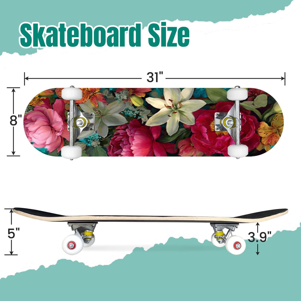 Watercolor Floral Shades Blue Grey Leaves 31" x 8" Complete Skateboard, 7-Ply Canadian Maple Double Kick Trick Board for Kids and Beginners Adult Gifts