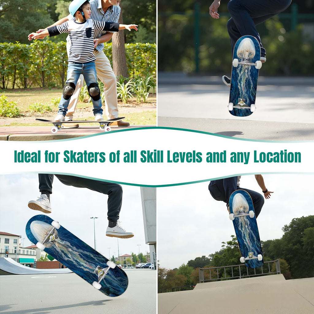 31"x8" Complete Skateboards for Beginners, Colorful Turtle Floral Shell Starry Night Marine Life Double Kick 7 Ply Canadian Maple Deck Skateboard with Wheels, Gifts for Kids Teens