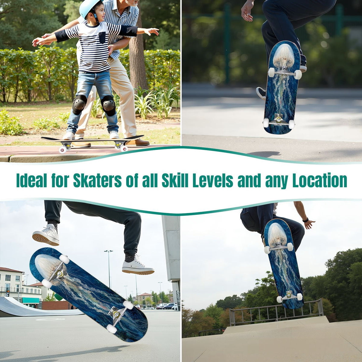 31"x8" Complete Skateboards for Beginners, Colorful Turtle Floral Shell Starry Night Marine Life Double Kick 7 Ply Canadian Maple Deck Skateboard with Wheels, Gifts for Kids Teens