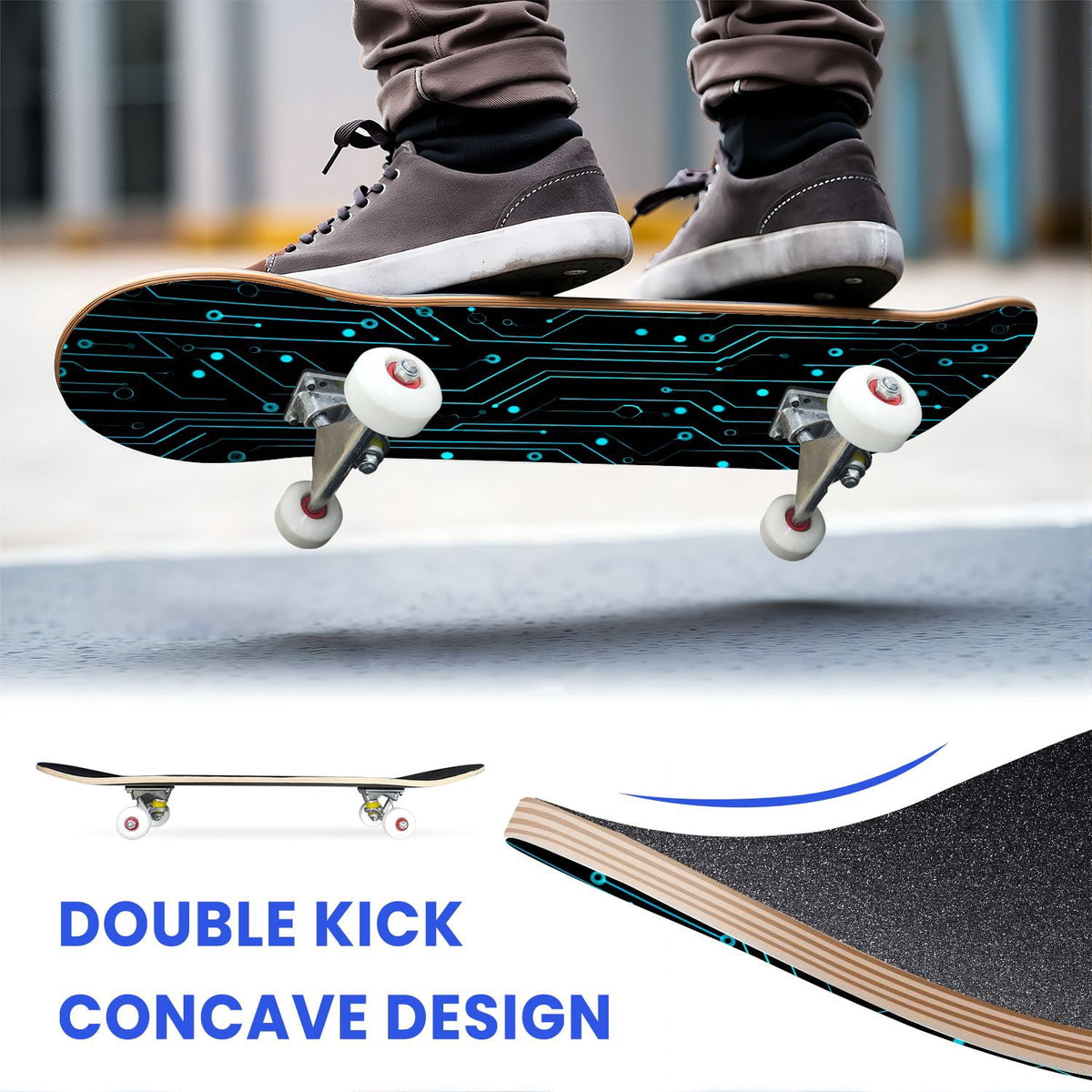 31"x8" Complete Skateboards for Beginners,Hexagon neon blue glow futuristic Double Kick 7 Ply Canadian Maple Deck Skateboard with Wheels, Gifts for Kids Teens