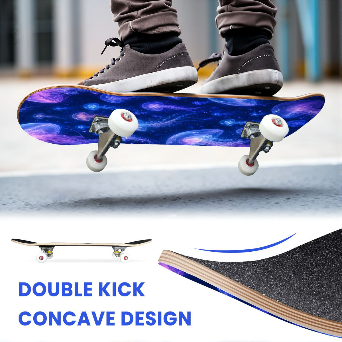 31"x8" Complete Skateboards for Beginners, Seashell Starfish Blue White Nautical Marine Life Double Kick 7 Ply Canadian Maple Deck Skateboard with Wheels, Gifts for Kids Teens