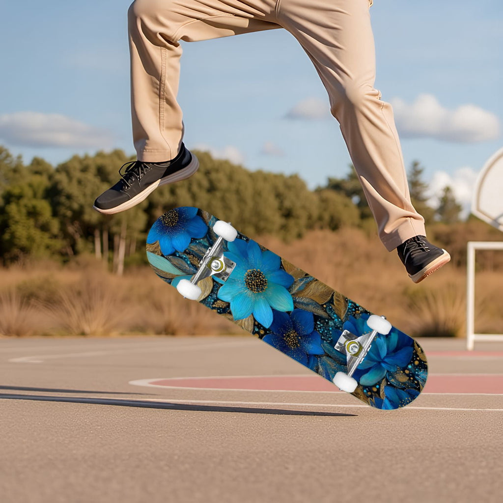 Watercolor Floral Shades Blue Grey Leaves 31" x 8" Complete Skateboard, 7-Ply Canadian Maple Double Kick Trick Board for Kids and Beginners Adult Gifts