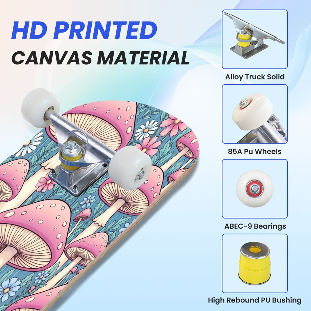 31"x8" Complete Skateboards for Beginners, Pink Floral Striped Delicate Leaves Flowers Botanical Double Kick 7 Ply Canadian Maple Deck Skateboard with Wheels, Gifts for Girls Teens