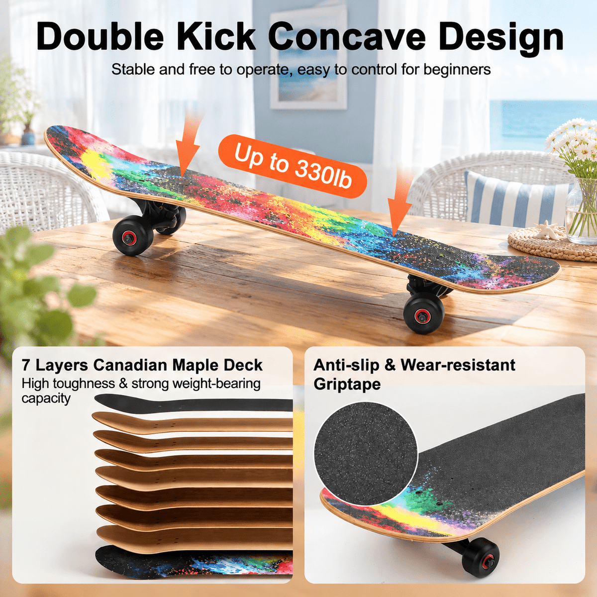Vivid Standard Complete Skateboard for Beginners Adults Teens, 7 Layer Canadian Maple, Double Kick Concave