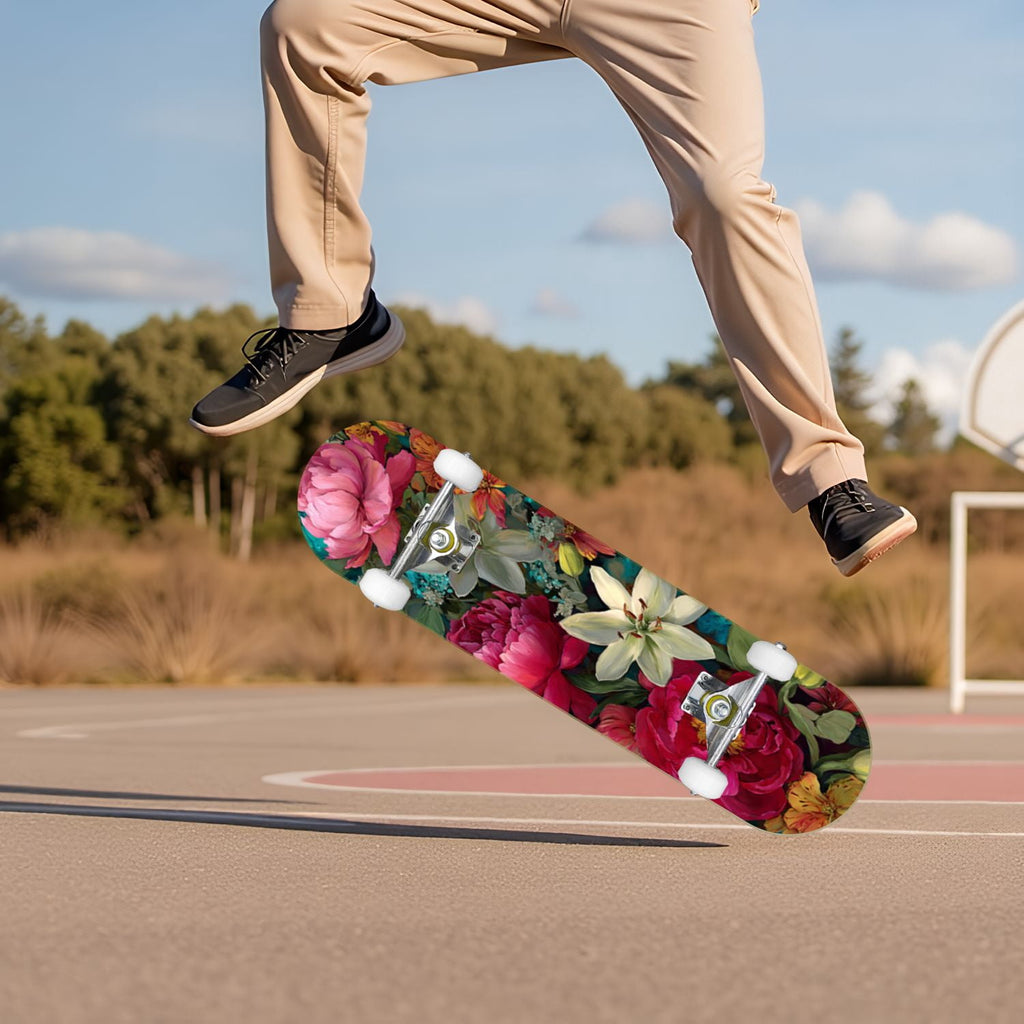 Watercolor Floral Shades Blue Grey Leaves 31" x 8" Complete Skateboard, 7-Ply Canadian Maple Double Kick Trick Board for Kids and Beginners Adult Gifts