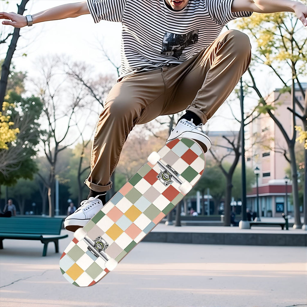 31"x8" Complete Skateboards for Beginners,Colorful Geometric Tile Multicolored Squares Double Kick 7 Ply Canadian Maple Deck Skateboard with Wheels, Gifts for Kids Teens