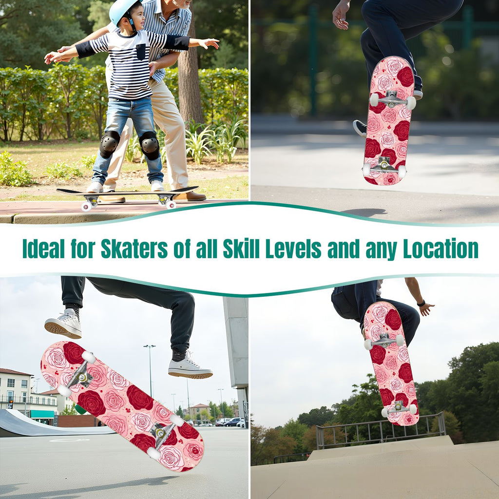31"x8" Complete Skateboards for Beginners, Elegant Pink Red Roses Green Leaves Dark Double Kick 7 Ply Canadian Maple Deck Skateboard with Wheels, Gifts for Kids Teens