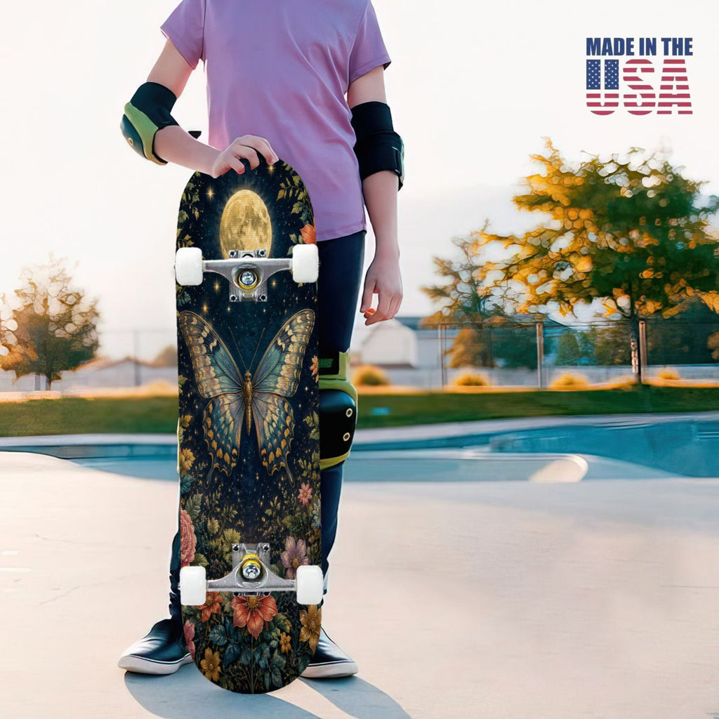 31"x8" Complete Skateboards for Beginners, Colorful Butterfly Blooming Flowers Under Full Moon Starry Double Kick 7 Ply Canadian Maple Deck Skateboard with Wheels, Gifts for Kids Teens