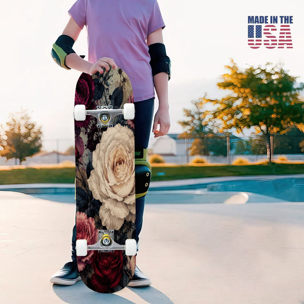 31"x8" Complete Skateboards for Beginners,Vintage Botanical Skull Flowers Elements Dark Double Kick 7 Ply Canadian Maple Deck Skateboard with Wheels, Gifts for Kids Teens
