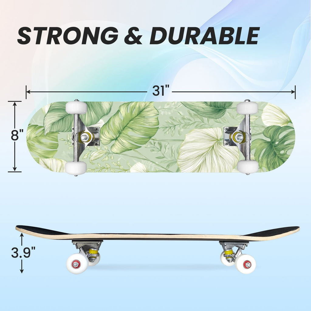 31"x8" Complete Skateboards for Beginners, Whimsical Butterfly Garden Watercolor Art Print Double Kick 7 Ply Canadian Maple Deck Skateboard with Wheels, Gifts for Kids Teens