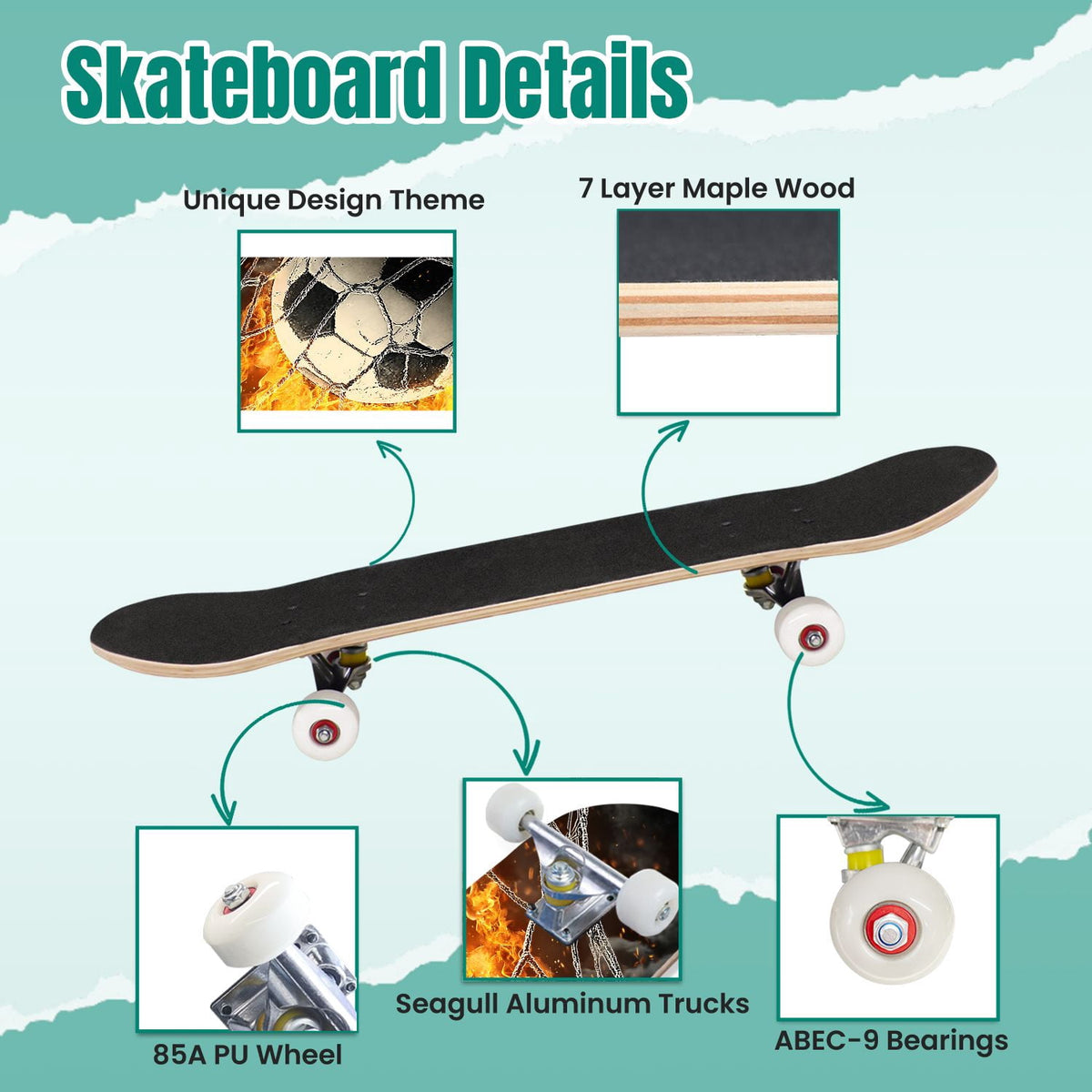 Dynamic Soccer Ball Explosion Energy Effects Stadium 31" x 8" Complete Skateboard, 7-Ply Canadian Maple Double Kick Trick Board for Kids and Beginners Adult Gifts