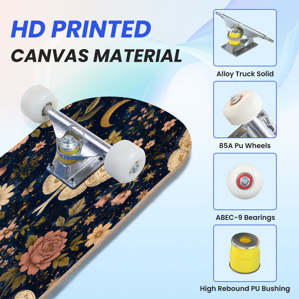 31"x8" Complete Skateboards for Beginners, Colorful Butterfly Blooming Flowers Under Full Moon Starry Double Kick 7 Ply Canadian Maple Deck Skateboard with Wheels, Gifts for Kids Teens