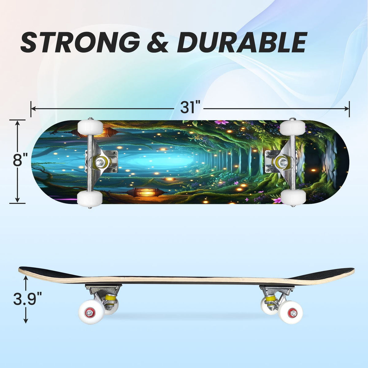 31"x8" Complete Skateboards for Beginners, Magical Forest Glowing Mushrooms Twinkling Fantasy Double Kick 7 Ply Canadian Maple Deck Skateboard with Wheels, Gifts for Kids Teens