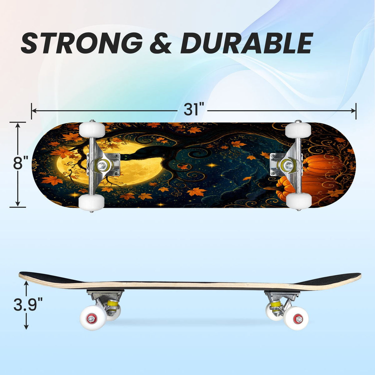 31"x8" Complete Skateboards for Beginners,Halloween Forest Bats Black Cat Glowing Double Kick 7 Ply Canadian Maple Deck Skateboard with Wheels, Gifts for Kids Teens