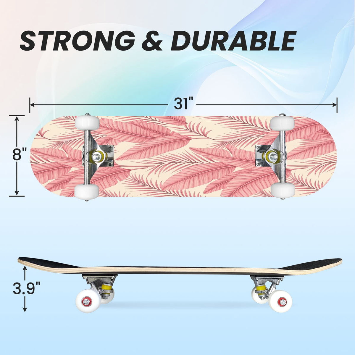 31"x8" Complete Skateboards for Beginners, Idyllic Tropical Beach Turquoise Water Golden Sand Shoreline Double Kick 7 Ply Canadian Maple Deck Skateboard with Wheels, Gifts for Kids Teens