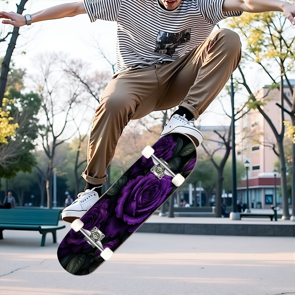 31"x8" Complete Skateboards for Beginners, Colorful Mushroom Floral Magical Night Forest Vintage Double Kick 7 Ply Canadian Maple Deck Skateboard with Wheels, Gifts for Kids Teens