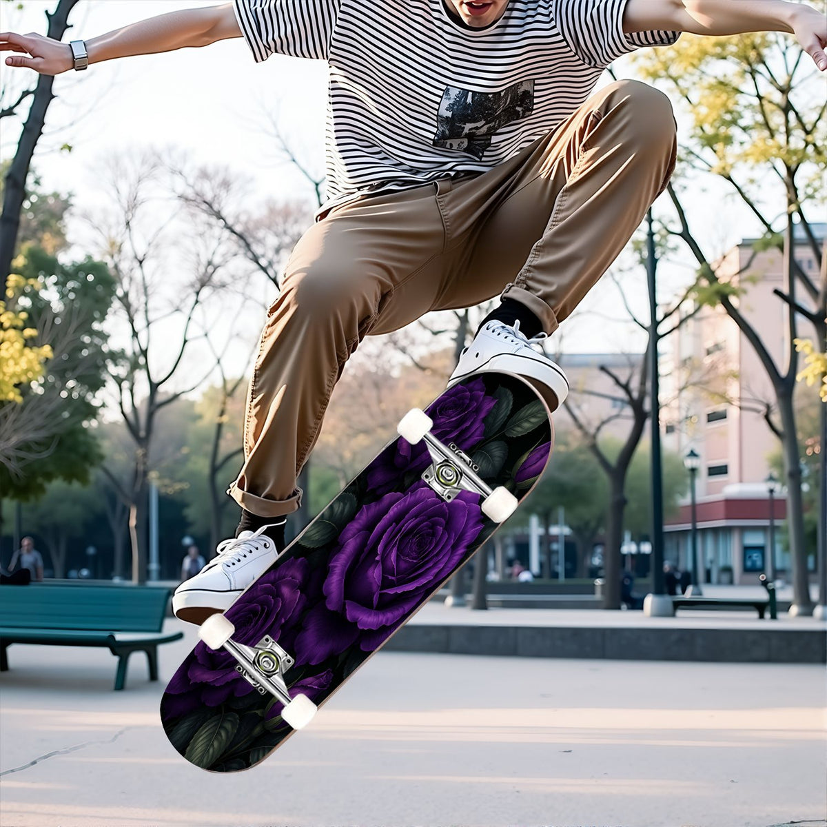 31"x8" Complete Skateboards for Beginners, Colorful Mushroom Floral Magical Night Forest Vintage Double Kick 7 Ply Canadian Maple Deck Skateboard with Wheels, Gifts for Kids Teens