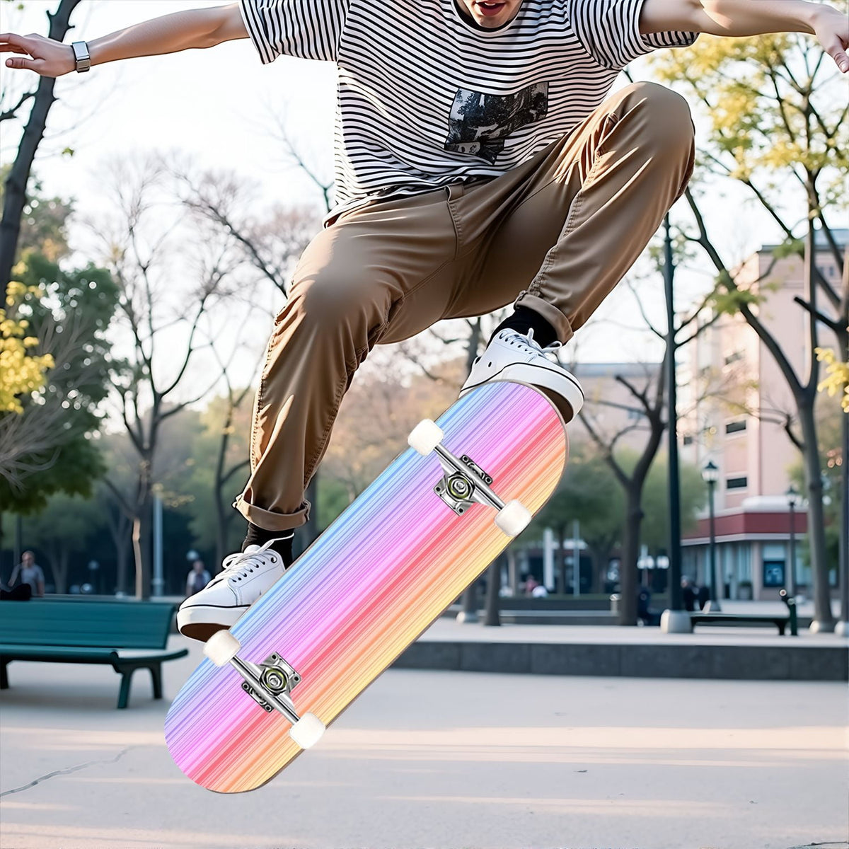 31"x8" Complete Skateboards for Beginners,Watercolor Watermelon Slices Pink Striped Double Kick 7 Ply Canadian Maple Deck Skateboard with Wheels, Gifts for Kids Teens