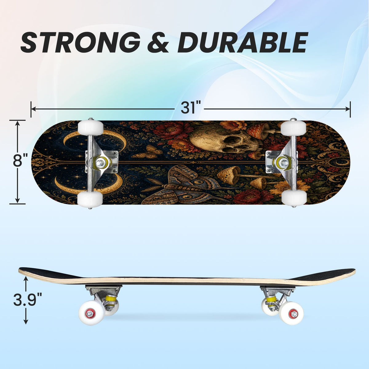 31"x8" Complete Skateboards for Beginners, Butterfly Garden Vintage Botanical Motifs Dark Green Teal Double Kick 7 Ply Canadian Maple Deck Skateboard with Wheels, Gifts for Kids Teens